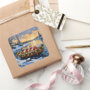 Akita Christmas Boat Holiday Square Sticker