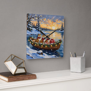 Akita Christmas Boat Holiday Square Wall Clock