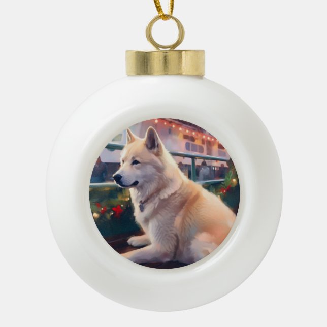 Akita Christmas Cruise: Pawsome Holiday Delight Ceramic Ball Christmas Ornament (Front)