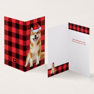 Akita Christmas Dog with Holiday Red Buffalo Plaid