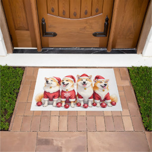 Akita Christmas Dress Santa Hat Doormat