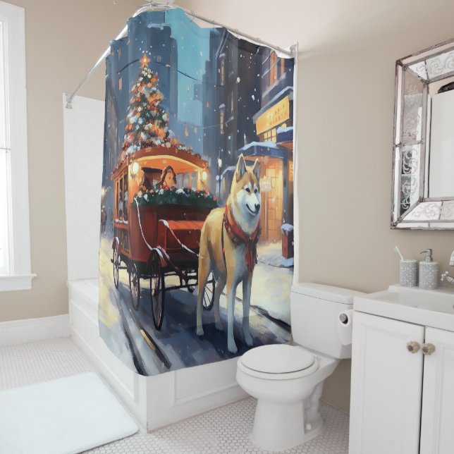Akita Christmas Festive Season Shower Curtain (In Situ)