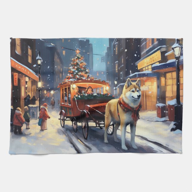 Akita Christmas Festive Season Tea Towel (Horizontal)