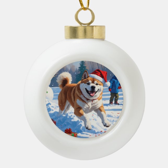 Akita Christmas Festive Snow Scene  Ceramic Ball Christmas Ornament (Front)