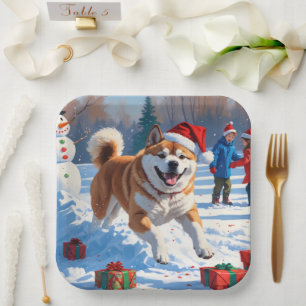 Akita Christmas Festive Snow Scene Paper Plate