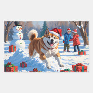 Akita Christmas Festive Snow Scene Rectangular Sticker