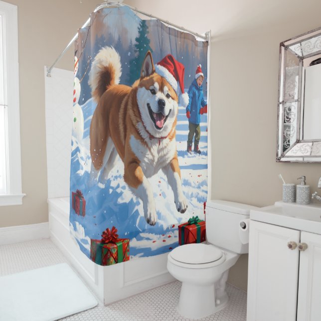 Akita Christmas Festive Snow Scene  Shower Curtain (In Situ)