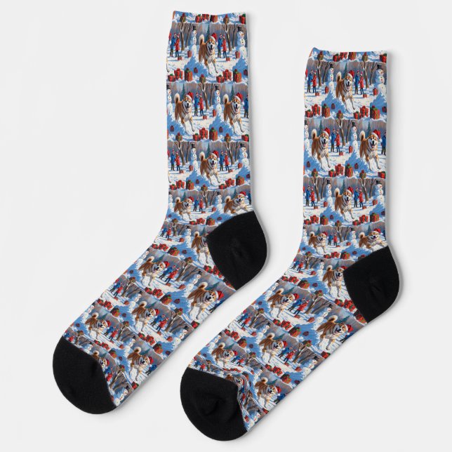Akita Christmas Festive Snow Scene  Socks (Left)