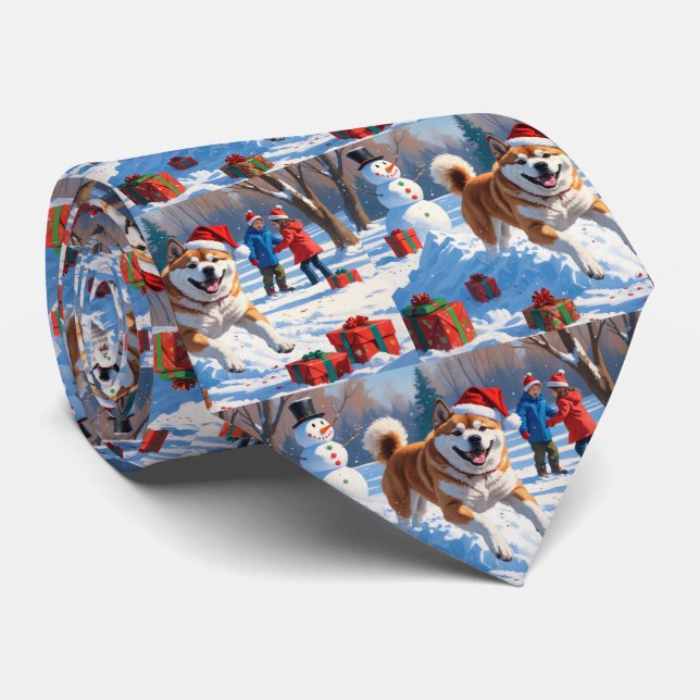Akita Christmas Festive Snow Scene  Tie (Rolled)