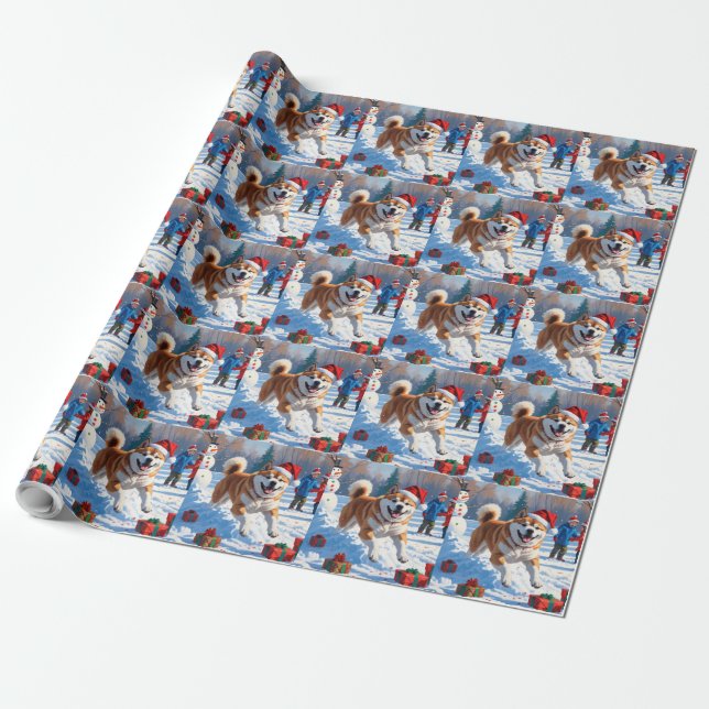 Akita Christmas Festive Snow Scene  Wrapping Paper (Unrolled)