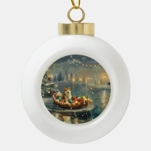 Akita Christmas Festive Voyage Ceramic Ball Christmas Ornament