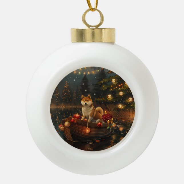 Akita Christmas Festive Voyage Ceramic Ball Christmas Ornament (Front)