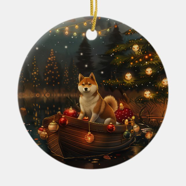 Akita Christmas Festive Voyage Ceramic Tree Decoration (Front)