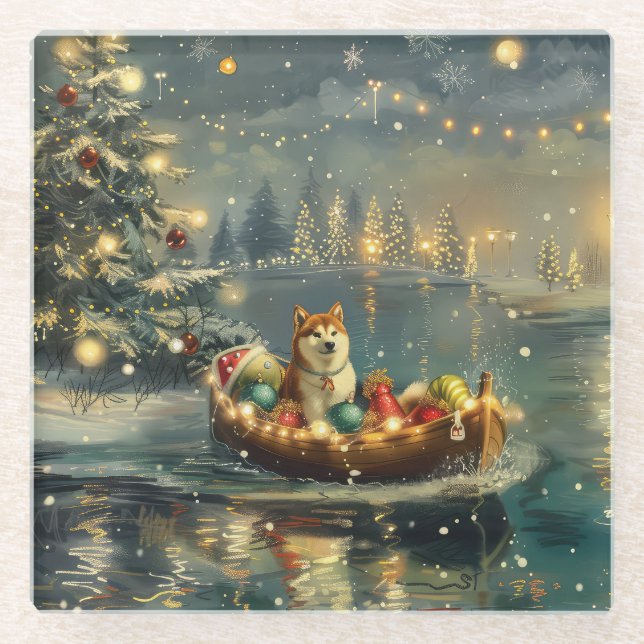Akita Christmas Festive Voyage Glass Coaster (Front)