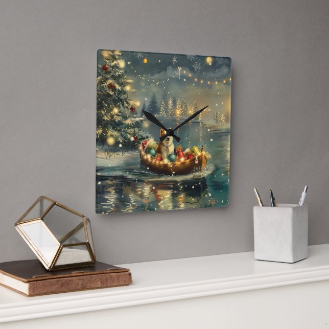 Akita Christmas Festive Voyage Square Wall Clock (Office)