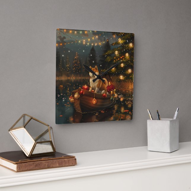 Akita Christmas Festive Voyage Square Wall Clock (Office)