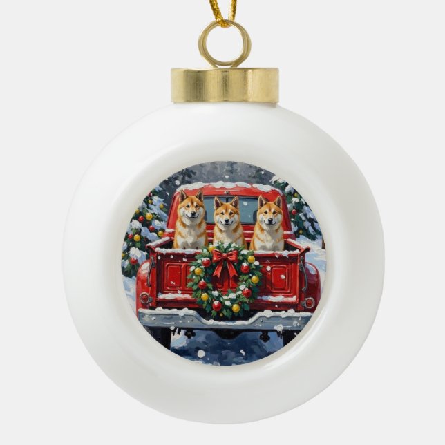 Akita Christmas Red Truck Holiday Ceramic Ball Christmas Ornament (Front)