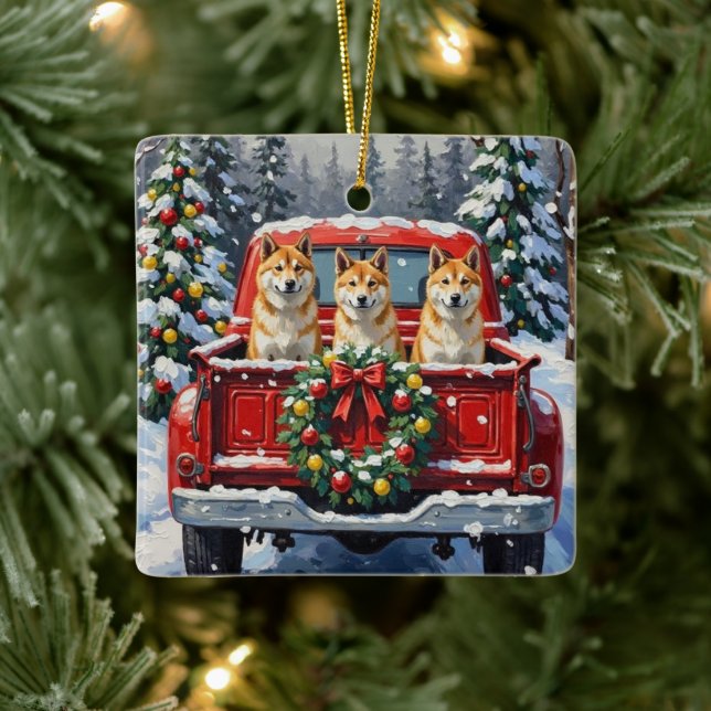 Akita Christmas Red Truck Holiday Ceramic Ornament (Tree)