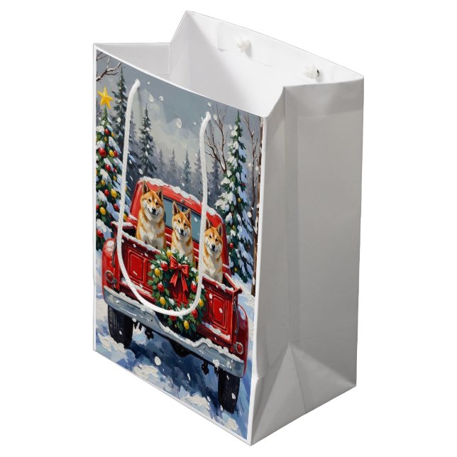 Akita Christmas Red Truck Holiday Medium Gift Bag (Front Angled)