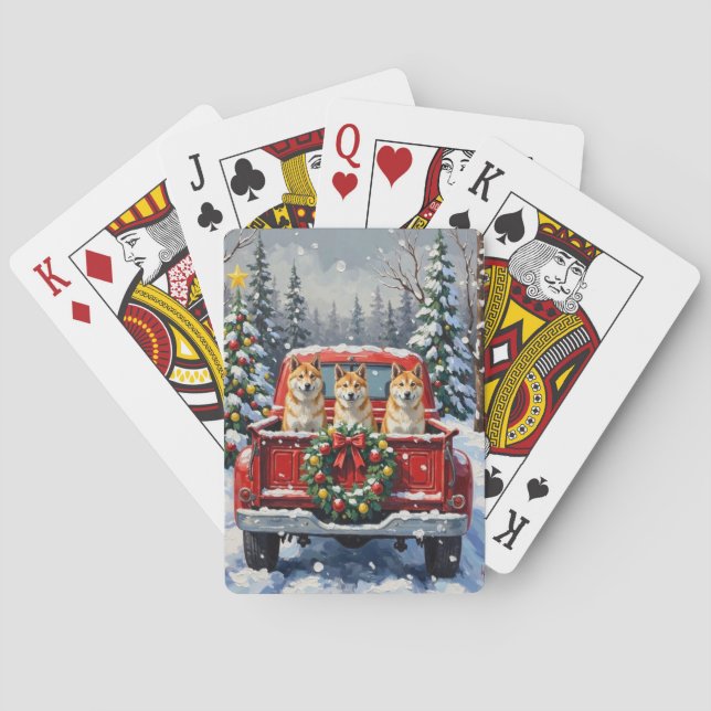 Akita Christmas Red Truck Holiday Playing Cards (Back)