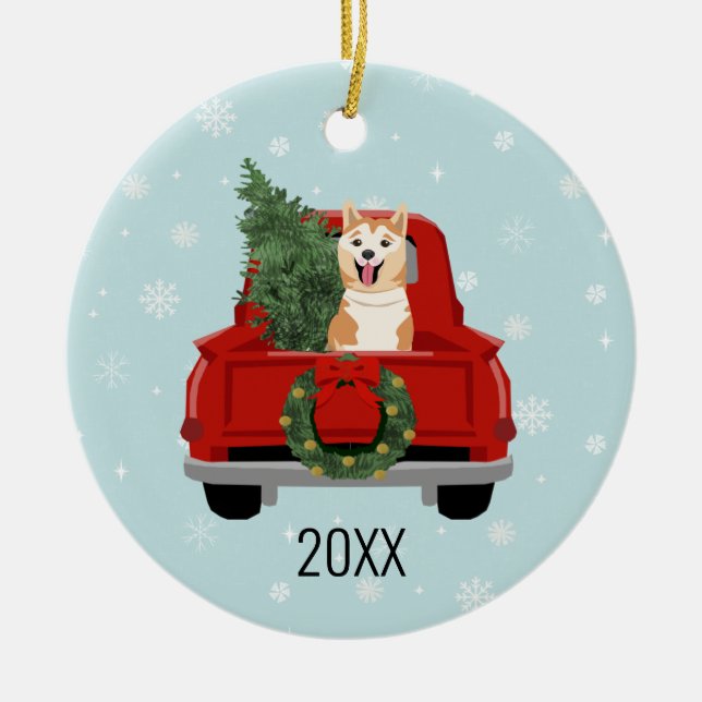 Akita Christmas Red Truck Ornament (Front)