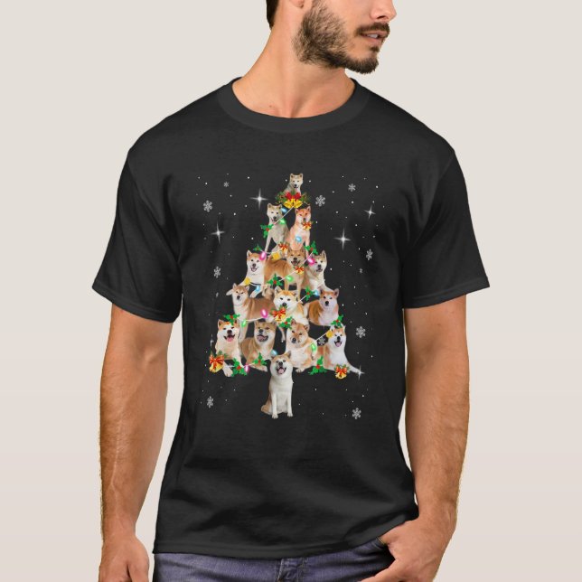 Akita Christmas Tree Lights Xmas Pajama Dog Lover  T-Shirt (Front)