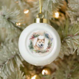 Akita Christmas Wreath Festive Pup Ceramic Ball Christmas Ornament