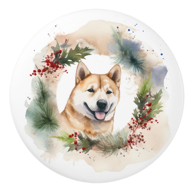 Akita Christmas Wreath Festive Pup Ceramic Knob (Front)