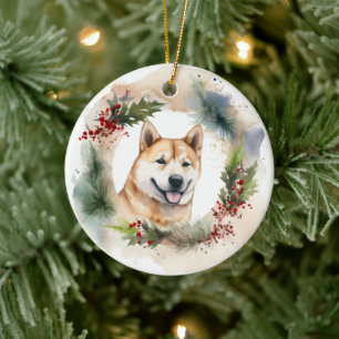 Akita Christmas Wreath Festive Pup Ceramic Tree Decoration