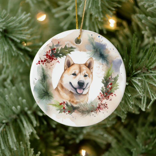 Akita Christmas Wreath Festive Pup Ceramic Tree Decoration (Tree)