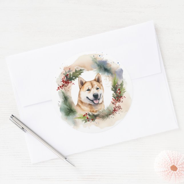 Akita Christmas Wreath Festive Pup Classic Round Sticker (Envelope)
