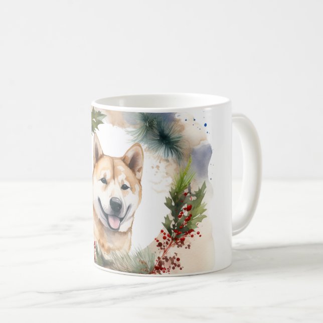 Akita Christmas Wreath Festive Pup Coffee Mug (Front Right)