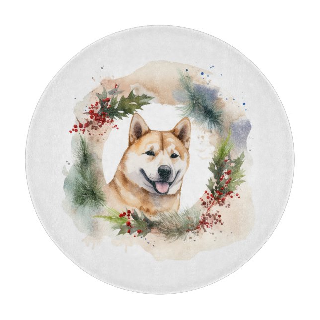 Akita Christmas Wreath Festive Pup Cutting Board (Front)