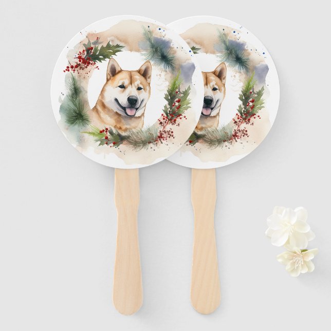 Akita Christmas Wreath Festive Pup Hand Fan (Front and Back)