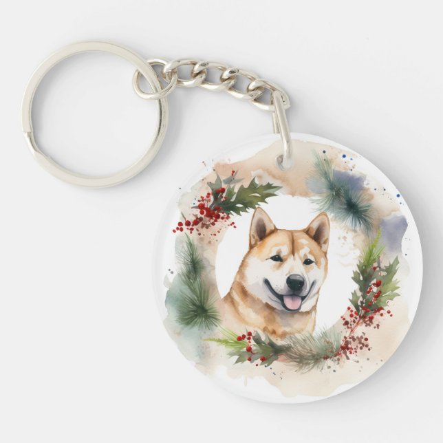Akita Christmas Wreath Festive Pup Key Ring (Front)