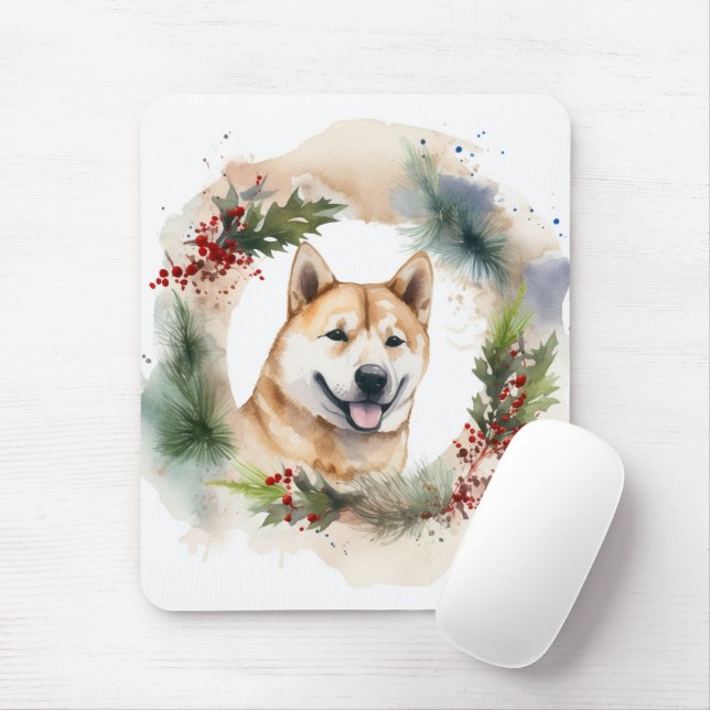 Akita Christmas Wreath Festive Pup Mouse Mat (With Mouse)