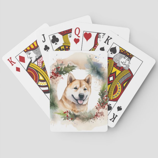 Akita Christmas Wreath Festive Pup Playing Cards (Back)