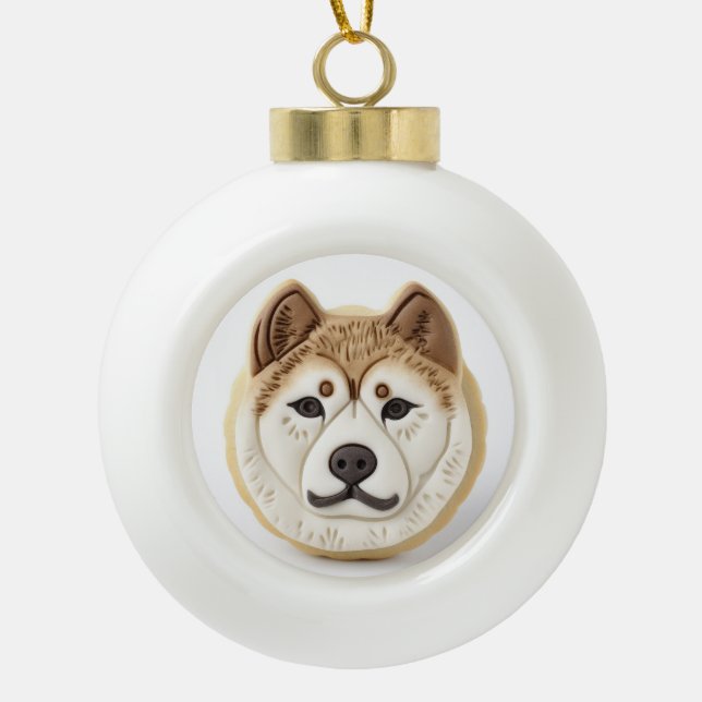 Akita Dog 3D Inspired Ceramic Ball Christmas Ornament (Front)