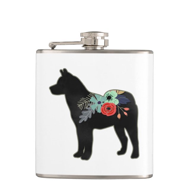 Akita Dog Breed Boho Floral Silhouette Hip Flask (Front)