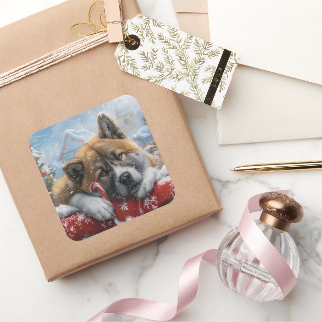 Akita Dog Christmas Festive Square Sticker (Gifting)