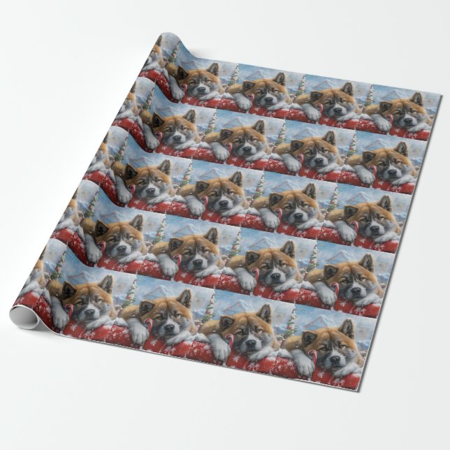 Akita Dog Christmas Festive Wrapping Paper (Unrolled)