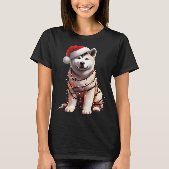 Akita Dog Christmas Lights Santa Hat Dog Lover Pre T-Shirt (Front)
