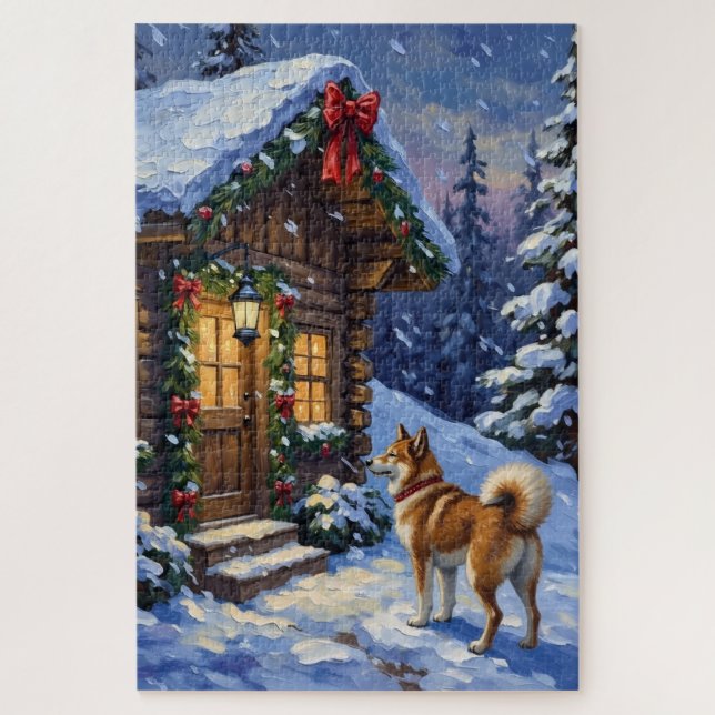 Akita Dog Christmas Log Cabin Holiday Jigsaw Puzzle (Vertical)