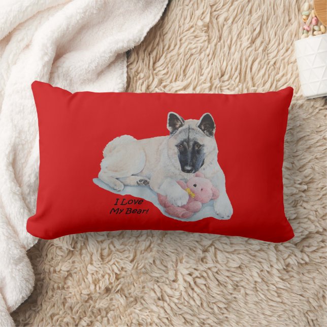 Akita dog cuddling pink teddy bear pet portrait lumbar cushion (Blanket)