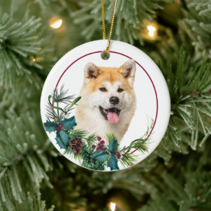 Akita Dog Evergreen Berry Wreath Ceramic Tree Decoration