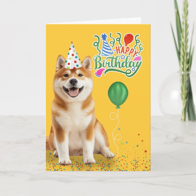 Akita Dog in Party Hat on Yellow Birthday Card (Front)