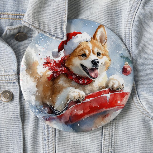 Akita Dog in Sledge Let it Snow Christmas 6 Cm Round Badge (In Situ)