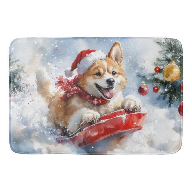 Akita Dog in Sledge Let it Snow Christmas Bath Mat (Front)