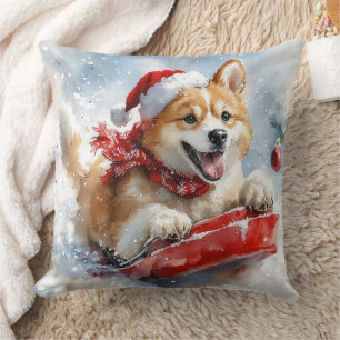 Akita Dog in Sledge Let it Snow Christmas Cushion