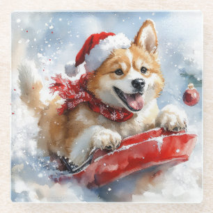 Akita Dog in Sledge Let it Snow Christmas Glass Coaster